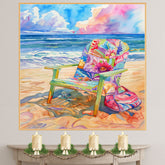 Watercolor Painting of Colorful Floral Beach Chair with Sunglasses and Bag on Sand Overlooking Ocean Waves and Sky on Ready to Hang 1.5" Thick Canvas Wrap, Floating Framed Canvas, Flat Rolled Canvas